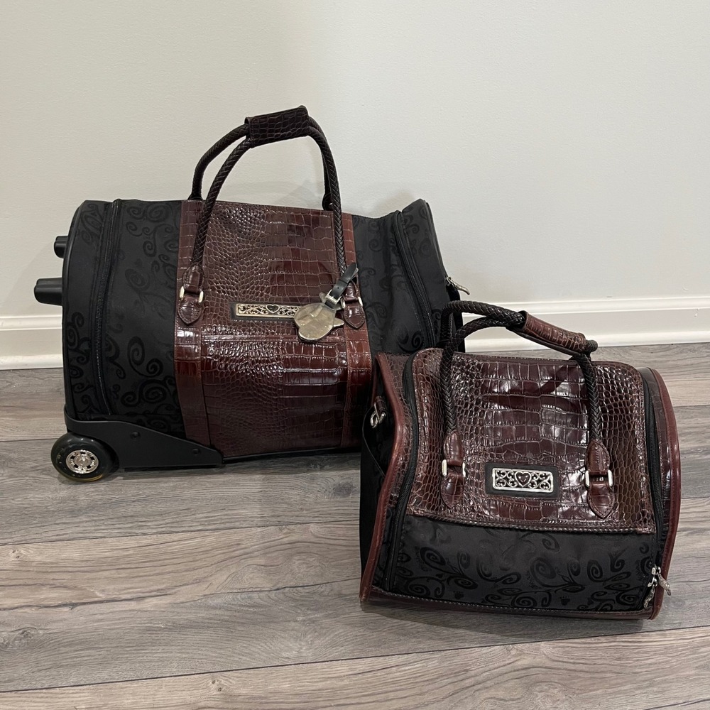 Vtg Brighton Luggage Set Rolling Duffle Bag Tote Croc Embossed Faux Leather 2 pc